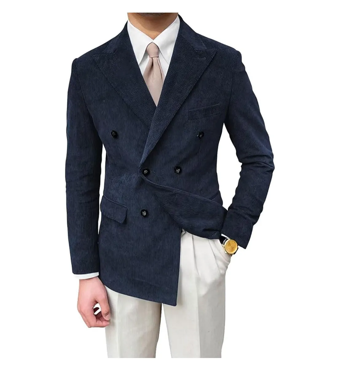Men's Fashion Corduroy Peak Lapel Double Breasted Jacket Sport Coat